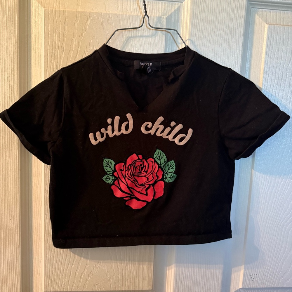 Forever 21 Black Tee with Red Rose and Wild Child Print